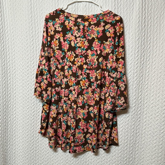 brown pink turquoise floral blouse with ruffle sleeves 1XL - Picture 4 of 4